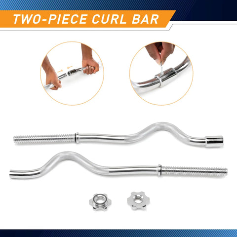 Two Piece Threaded Curl Bar With Chrome Spin Lock Collars For Home Gym, showing assembly and spinlock details