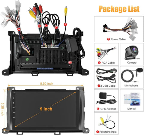 Toyota Sienna 2011 2014 Car Radio With Android 13, 9-inch screen, cables, camera, accessories displayed