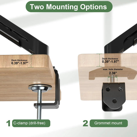 Heavy Duty Single Monitor Mount Arm For 17 To 32 Inch Flat Or Curved Screens Swivel Tilt High Reach Aluminum Desk Stand mounting options shown.