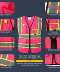 Lit Hi Vis Safety Vest For Men And Women In Hot Pink, Slick Zip Up Front, Built In Utility Pockets, Ultra Breathable Mesh Fabric, And Extra Wide Reflective Strips That Hit Ansi Standards For Xl Fit showing features like mesh fabric, pockets, and reflective strips.