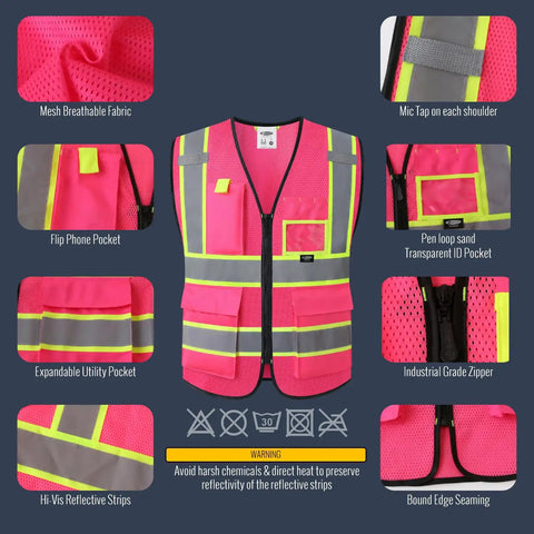 Lit Hi Vis Safety Vest For Men And Women In Hot Pink, Slick Zip Up Front, Built In Utility Pockets, Ultra Breathable Mesh Fabric, And Extra Wide Reflective Strips That Hit Ansi Standards For Xl Fit showing features like mesh fabric, pockets, and reflective strips.