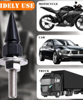 Hella Dope 4 Pack Spiked License Plate Bolts And Tough Frame Screws For Your Badass Ride Made From Solid Stainless Steel And Aluminum Alloy In Gloss Black, shown with motorcycle, car, and truck.