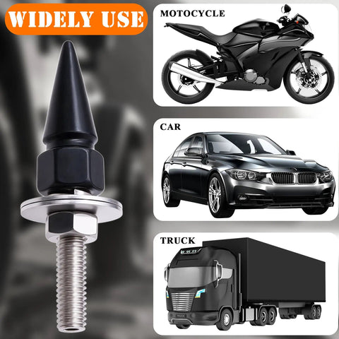 Hella Dope 4 Pack Spiked License Plate Bolts And Tough Frame Screws For Your Badass Ride Made From Solid Stainless Steel And Aluminum Alloy In Gloss Black, shown with motorcycle, car, and truck.