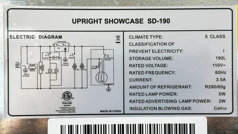 Electric diagram for Commercial Upright Showcase Freezer 6.5 Cu Ft Single Glass Door Digital Temp Control with specs.