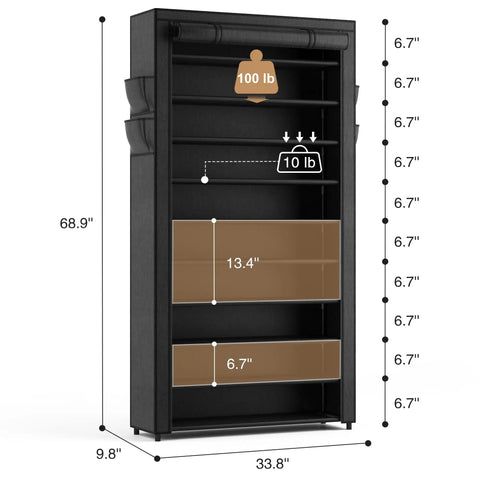 Front view of 10 Tier Shoe Rack With Covers Large Capacity Stackable Tall Shoe Shelf Organizer dimensions and load capacity.