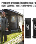 Super Durable Flexible Rubber And Stainless Steel Draw Latch Replacement 2 Pack With Concealed Install For Coolers Boats Harsh Outdoor Vibes shown with cargo boxes outdoors.