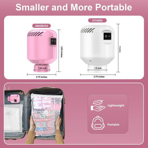 Front view of pink AMZBOSS electric vacuum pump for storage bags and side view of white pump; portable, compact.