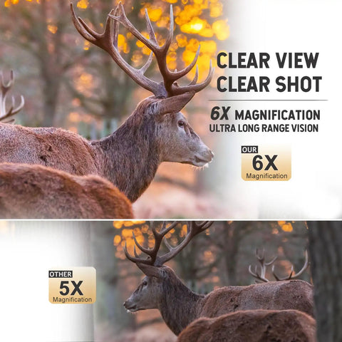 Deer in forest showing comparison of 6x and 5x zoom for Game Changer Range Finder For Hunting And Golf 1200 Yard Range With 6X Magnification