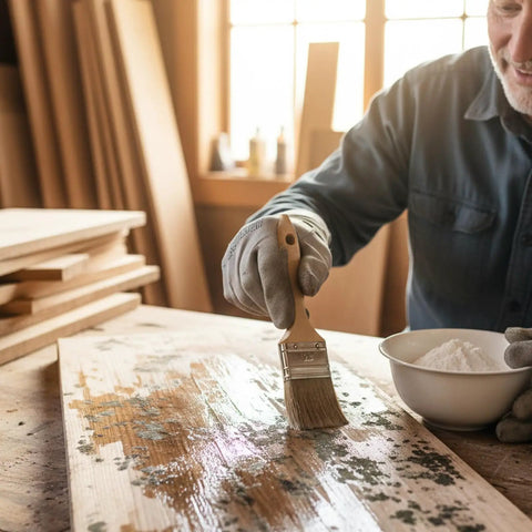 Applying Pro Level Oxalic Acid Wood Bleach One Pound Powder Blend to wood surface for stain removal and restoration.