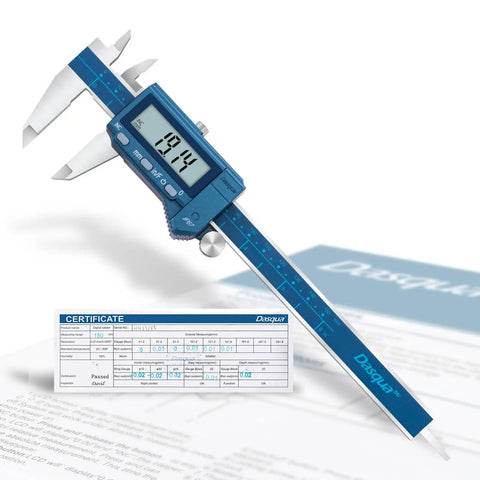 Six Inch Absolute Origin Digital Caliper In Stainless Steel, IP67 Water And Dust Resistant, showing LCD screen and certificate