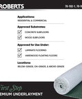 Top Shelf Premium Underlayment One Hundred Square Foot Roll Heavy Duty Moisture Blocker showing applications and specifications.