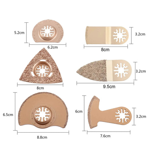 Six piece Oscillating Multi Tool Blades Set with carbide tips for tile, wood, universal fit, showing different blade designs and sizes.