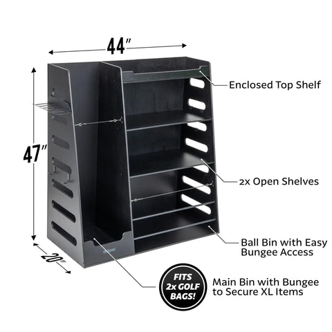 Diagram of Premium Wooden Gear Organizer With Storage Hooks And Golf Bag Rack, showing dimensions and features in garage setup.