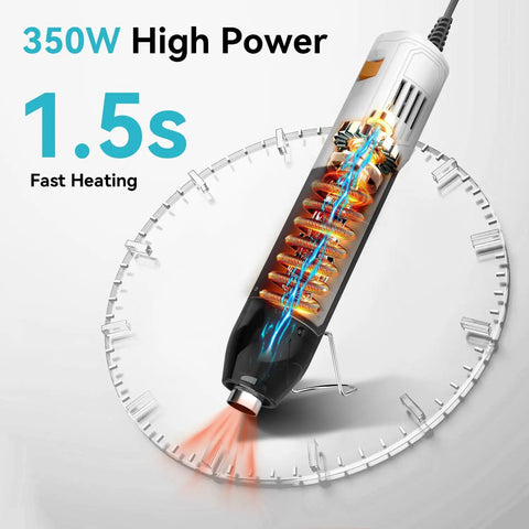Mini Heat Gun 350W Dual Temp 500F And 842F 260C And 450C with fast heating illustration and power details