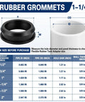 Flexible Rubber Tank Bulkhead Adapters For Sealing, 1-1/4 Inch Fit, chart with pipe and hole dimensions.