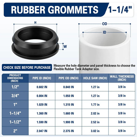 Flexible Rubber Tank Bulkhead Adapters For Sealing, 1-1/4 Inch Fit, chart with pipe and hole dimensions.