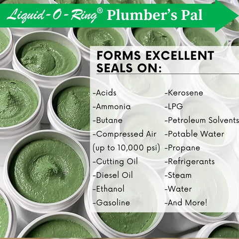 Nonhardening PTFE Thread Sealant Paste For Sealing Worn Metal And Plastic Pipe Threads With Tough As Nails Performance Under High Temp And High Pressure Up To 10000 PSI In A 5 Oz Brush Top Can Made In USA, viewed from top showing sealant texture and list of sealing applications on container label.