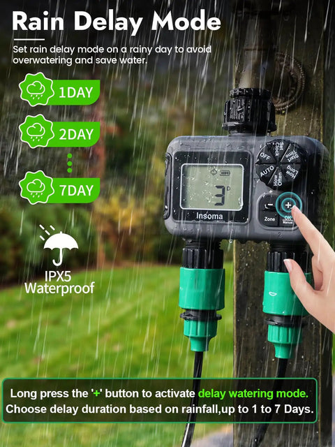 Two Zone Garden Hose Sprinkler Timer With Dual Channel Control showing rain delay mode settings