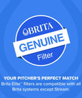 Front view of Brita Genuine Filter circular logo on blue background.