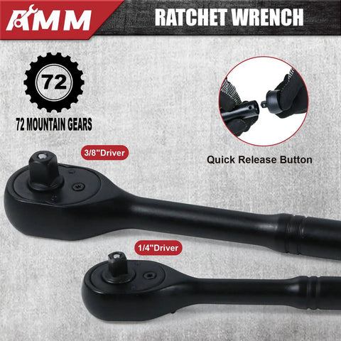 Impact Socket Set 123 Piece With 1/4 And 3/8 Inch Drives showing close-up of 72-Tooth Ratchet with quick release button