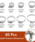 40-piece stainless steel worm-gear hose clamp set with 8 sizes (8–44mm), 5pcs per size