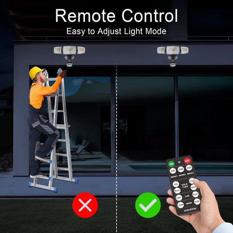 Person adjusting Plug In Outdoor Flood Light With Motion Sensor And Remote, 5500 Lumens, Dusk To Dawn Security Light, IP65 Waterproof