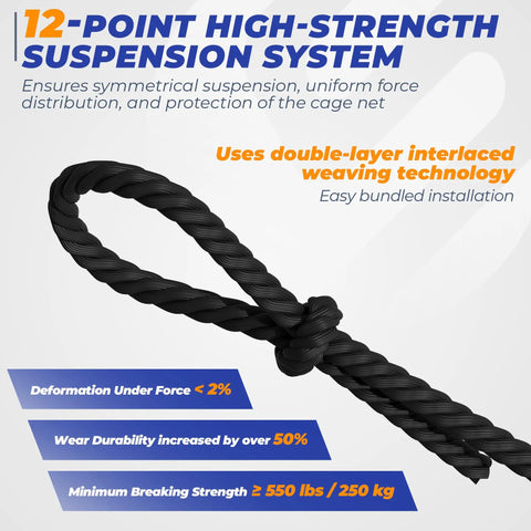 Close-up of a twisted cable showing 12-point suspension system for Batting Cage Net 35x12x12 Ft With 2 In 1 Movable Inner Net