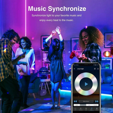 People dancing with WiFi Smart LED Light Strip Kit 65.6ft Non Waterproof 5050 RGB LED Tape synced to music using app.
