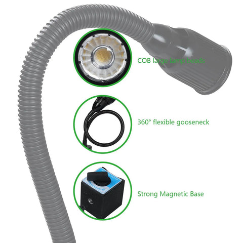 Heavy Duty LED Magnetic Work Light With Rock Solid Kickass Magnet Grip And Flexible Gooseneck IP65 Waterproof 9 Watt 900 Lumen showcasing 360° flexible gooseneck and strong magnetic base.