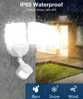 Three Head LED Motion Sensor Security Light With 40W And 4000 Lumens, IP65 waterproof, mounted outdoors in rain
