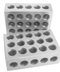 Front view of a pair of hardened steel HFS 1-2-3 machinist blocks with 23 threaded holes