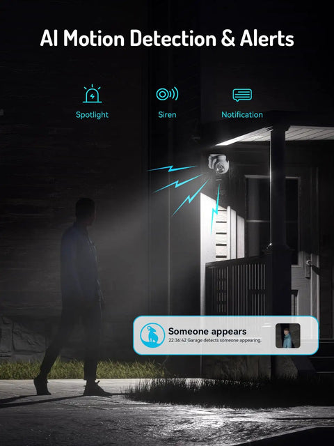 Outdoor 2K Security Camera With 360 Degree PTZ And AI Smart Detection For Human, Pet And Motion Alerts mounted outside house