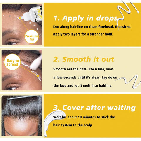Instructions for using Waterproof Lace Front Wig Glue For A Strong Clear Bond That Delivers Invisible Hold On Hair Replacement For A Natural Look Water Based Adhesive 1.28 Fl Oz