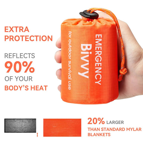Emergency Sleeping Bag With Compass 2 Pack Portable Waterproof Bivy Sack Blankets Lightweight Survival Gear For Camping Hiking And Outdoor Adventures Today compact orange bivy with heat reflection description.