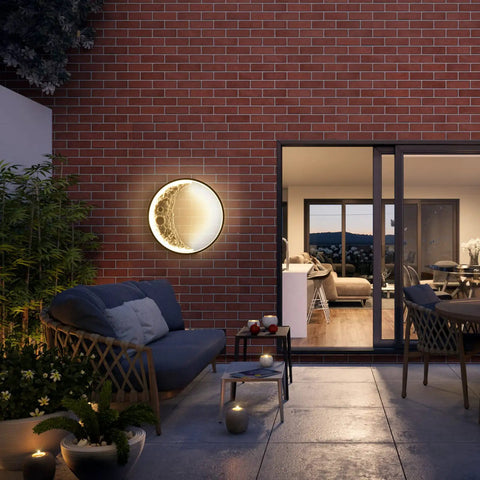 Moonlit Outdoor Wall Light 15.8 Inch Round Modern LED Exterior Waterproof Sconce illuminates patio with warm glow.