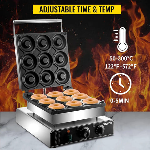 Shop Grade Electric Donut Maker With Nonstick Pan And Double Sided Heating, easy touch controls, cooking nine donuts.