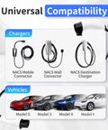 Universal compatibility image showing NACS EV chargers and Tesla models for Heavy Duty Nacs Ev Charging Extension Cable Flex Your Tesla Charge Game With 21 Ft Extra Reach 240V 50A Rating.