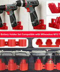 Milwaukee M12 Battery And Tool Holder Wall Mount Rack 2 In 1 Storage with red ABS brackets holding drills and batteries