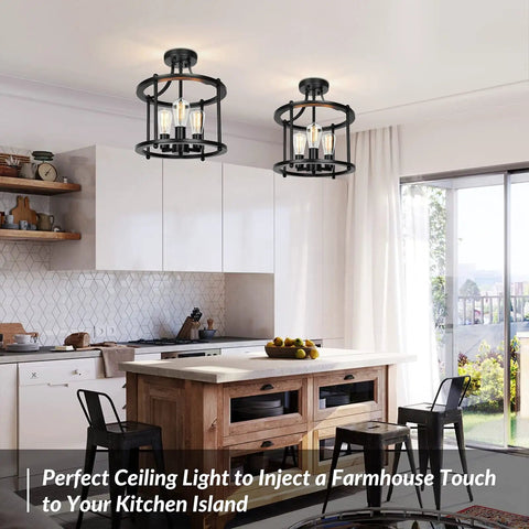 Dope Industrial Black Farmhouse Semi Flush Mount Ceiling Light Fixture With A Three Light Chandelier Style Rustic Vintage Style