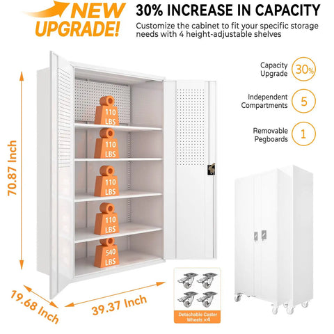 Beefed Up Tall And Wide Metal Storage Cabinet With Lockable Doors Four Adjustable Shelves Wheels And Pegboard Boss Grade Garage Cabinet For Office Gym Basement And Warehouse White featuring dimensions and capacity