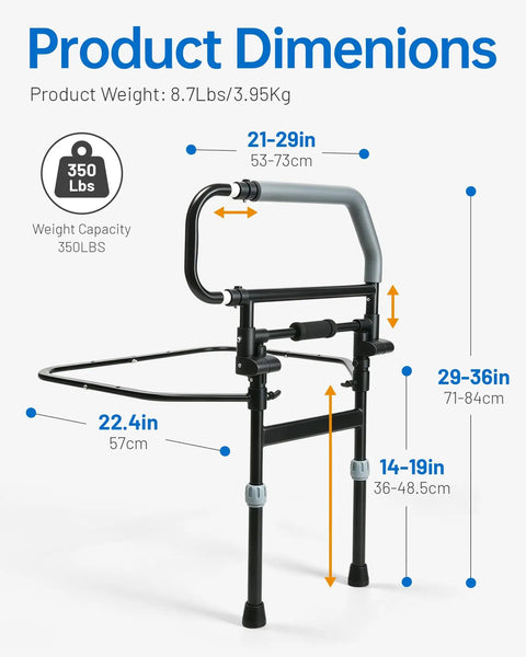 Foldable Bed Rail With Adjustable Height And Built In Storage Pocket For Seniors And Post Surgery Recovery with dimensions.