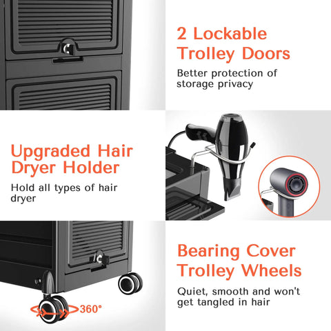 Lockable Salon Trolley With Six Drawer Rolling Beauty Cart And Tool Holders, black finish with lockable doors and tool holders shown