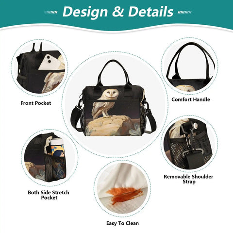 Large Insulated Lunch Bag With Owl Desert Landscape Design Portable Leakproof Soft Cooler Tote For Men Women Holds 18 Cans Beach Camp Picnic Road Trip, showing front pocket and main design.
