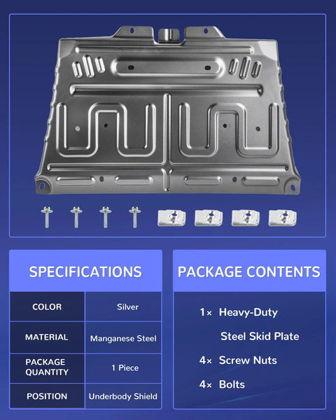 Badass Heavy Duty Manganese Steel Engine Splash Shield Guard For 2015-2024 Ford F150 showing silver underbody shield with bolts.