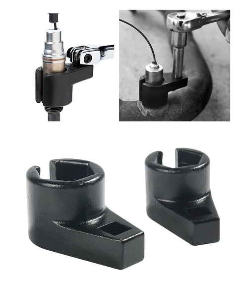 Universal Low Profile Offset Oxygen Sensor Socket With Wire Gate Side Access Three Eighths Inch Drive By Seven Eighths Inch Opening Pro Grade Mn Steel Rust Resistant Black Oxide Finish Fits Most Cars showing socket design and installation.