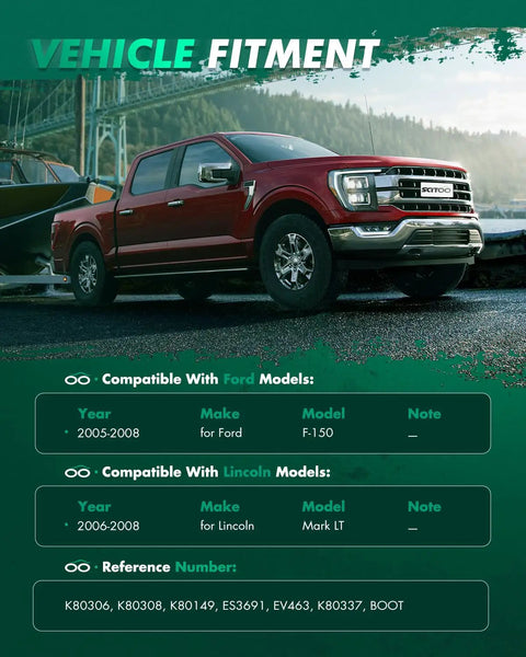 Beefed Up 12 Piece Front Upper Control Arms Kit With Ball Joints Outer And Inner Tie Rod Ends Boots And Sway Bar Link For Ford F 150 2005 2008 And Lincoln Mark LT 2006 2008 fitment chart for Ford F-150 and Lincoln Mark LT