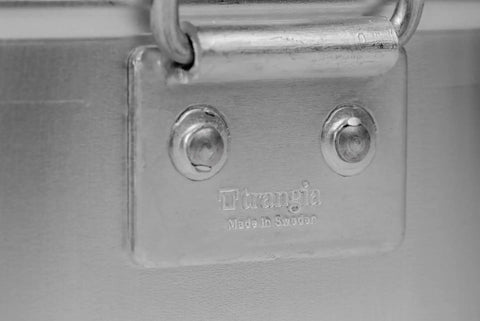 Close-up of handle and engraved logo on Aluminum Mess Tin With Lid And Handle For Camping And Backpacking, Lightweight Silver Mess Kit