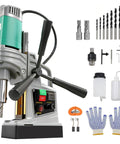 1550W Magnetic Drill Press 2 Inch Boring Diameter Reversible Direction Power Tool Featuring Copper Motor For Heavy Duty Drilling And Tapping Applications With Included Coring Bits And Twist Drills, control panel and included accessories displayed.