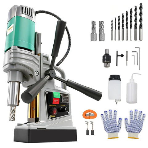 1550W Magnetic Drill Press 2 Inch Boring Diameter Reversible Direction Power Tool Featuring Copper Motor For Heavy Duty Drilling And Tapping Applications With Included Coring Bits And Twist Drills, control panel and included accessories displayed.