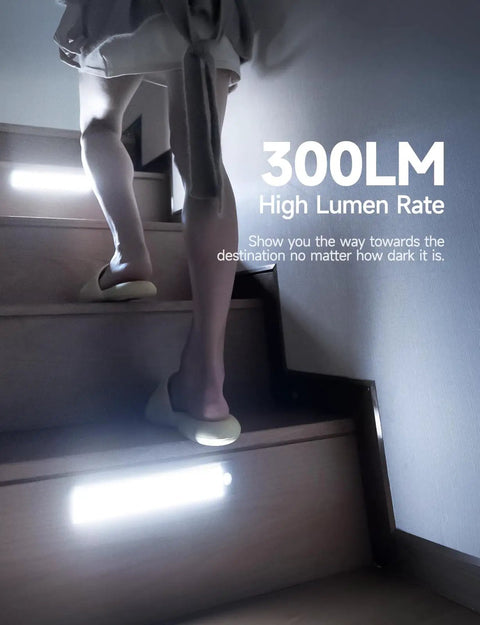 Under cabinet lights illuminating stairs, showcasing 300LM brightness. Focus keyword: Two Pack Under Cabinet Lights With 2000mAh Rechargeable Battery, 62 LED Wireless Motion Sensor Night Light For Kitchen Hallway Closet, Four Modes, Stick On Magnetic Design For Easy Setup.